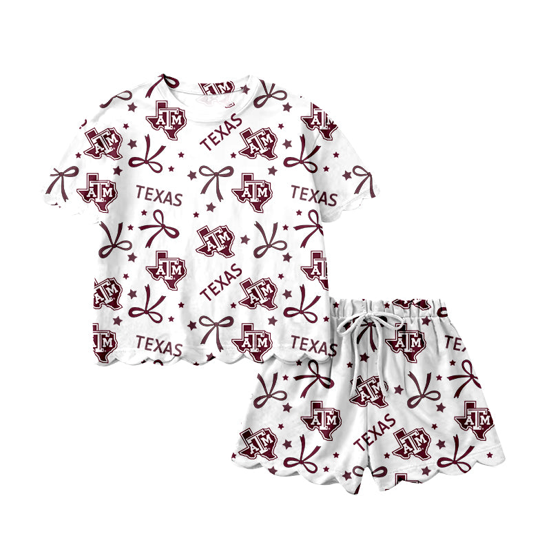(Custom Design Preorder MOQ 30) Teams Texas A&M Bows Baby Girls Summer Scallop Clothes Set
