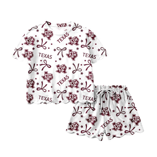 (Custom Design Preorder MOQ 30) Teams Texas A&M Bows Baby Girls Summer Scallop Clothes Set