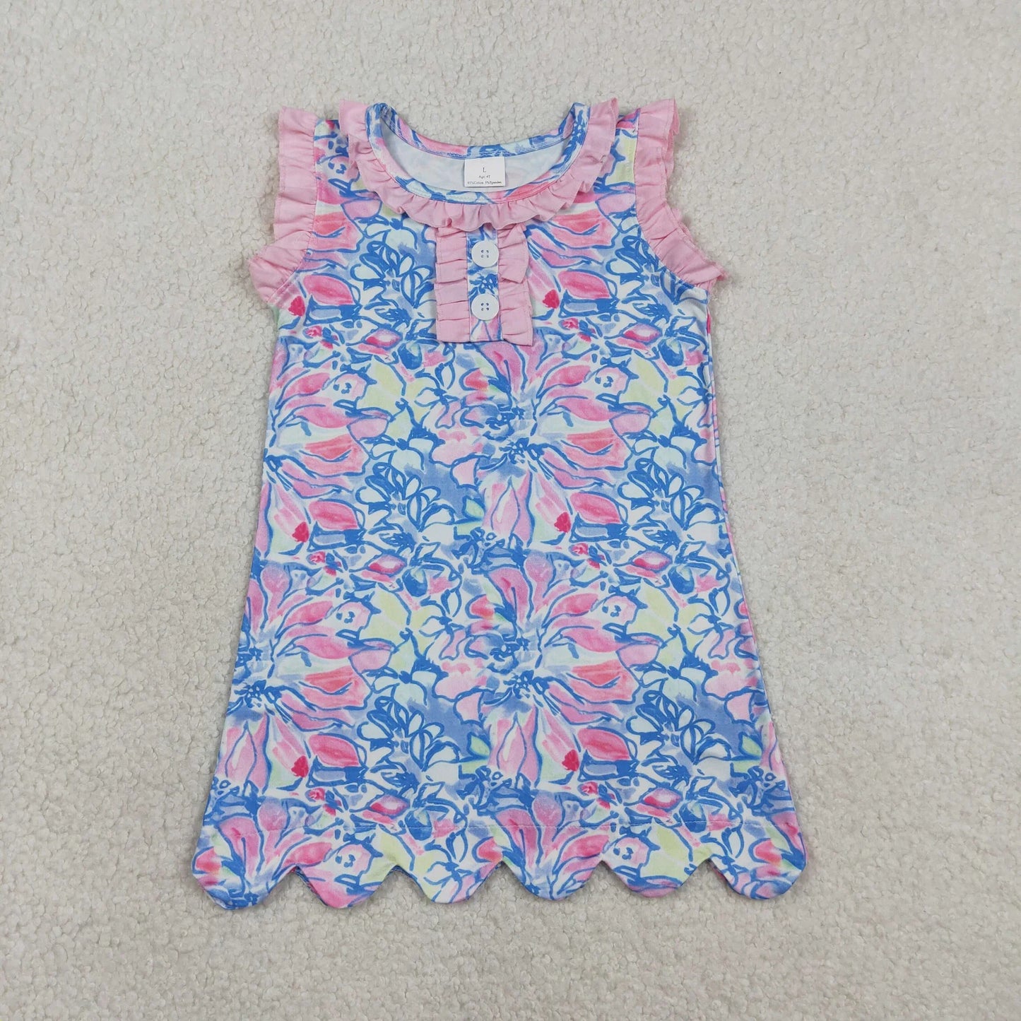 GSD3627 Flowers Print Girls Summer Ruffles Knee Length Scallop Dress