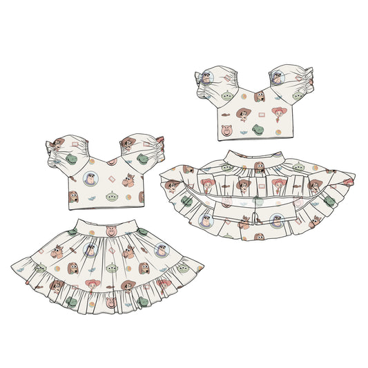 (Custom Design Preorder MOQ 5) Cartoon Toy Crop Top Skirts Shorts Girls Summer Set