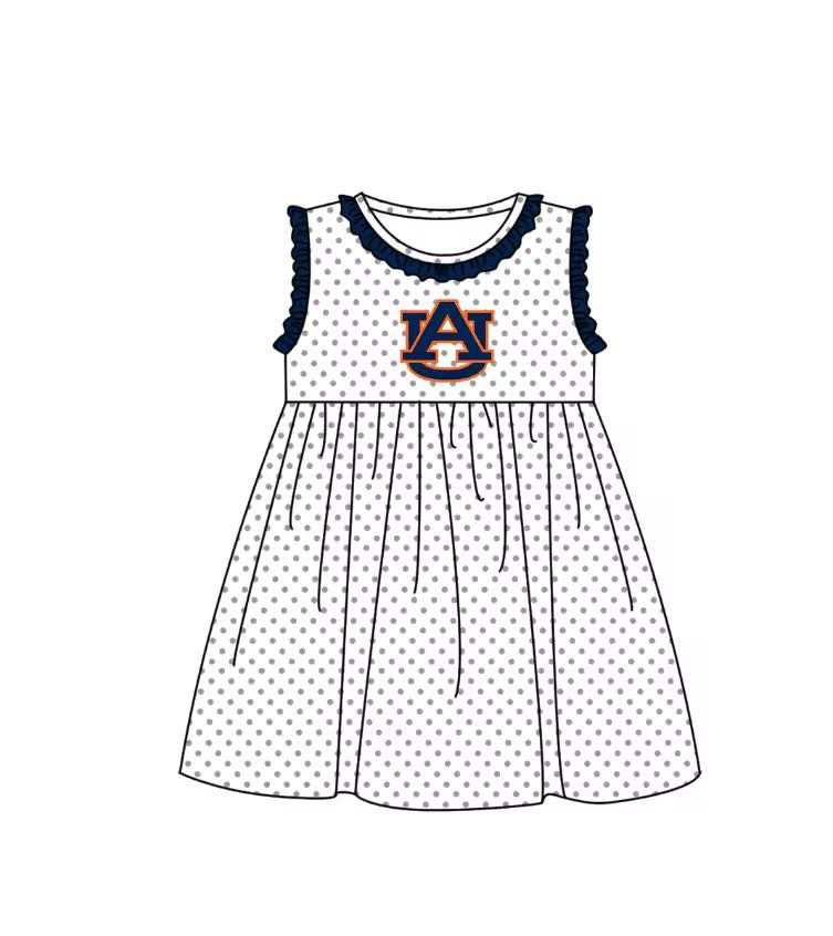 (Custom Design Preorder MOQ 5) Kids Girls Teams Auburn  Navy Polka Dot Sleeveless Dress