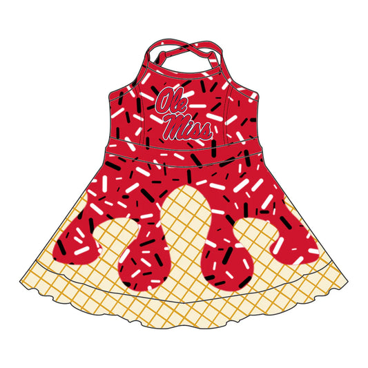 (Custom Preorder MOQ 5) Baby Girls Drip Sprinkles Ole Miss Team Shorts Ruffle Knee Length Dress