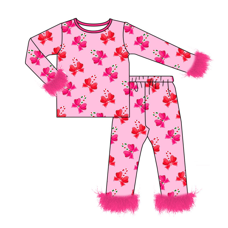 (Custom Design Preorder MOQ 5) Candy Cane Bows Pink Print Girls Christmas Fur Pajamas Clothes Set