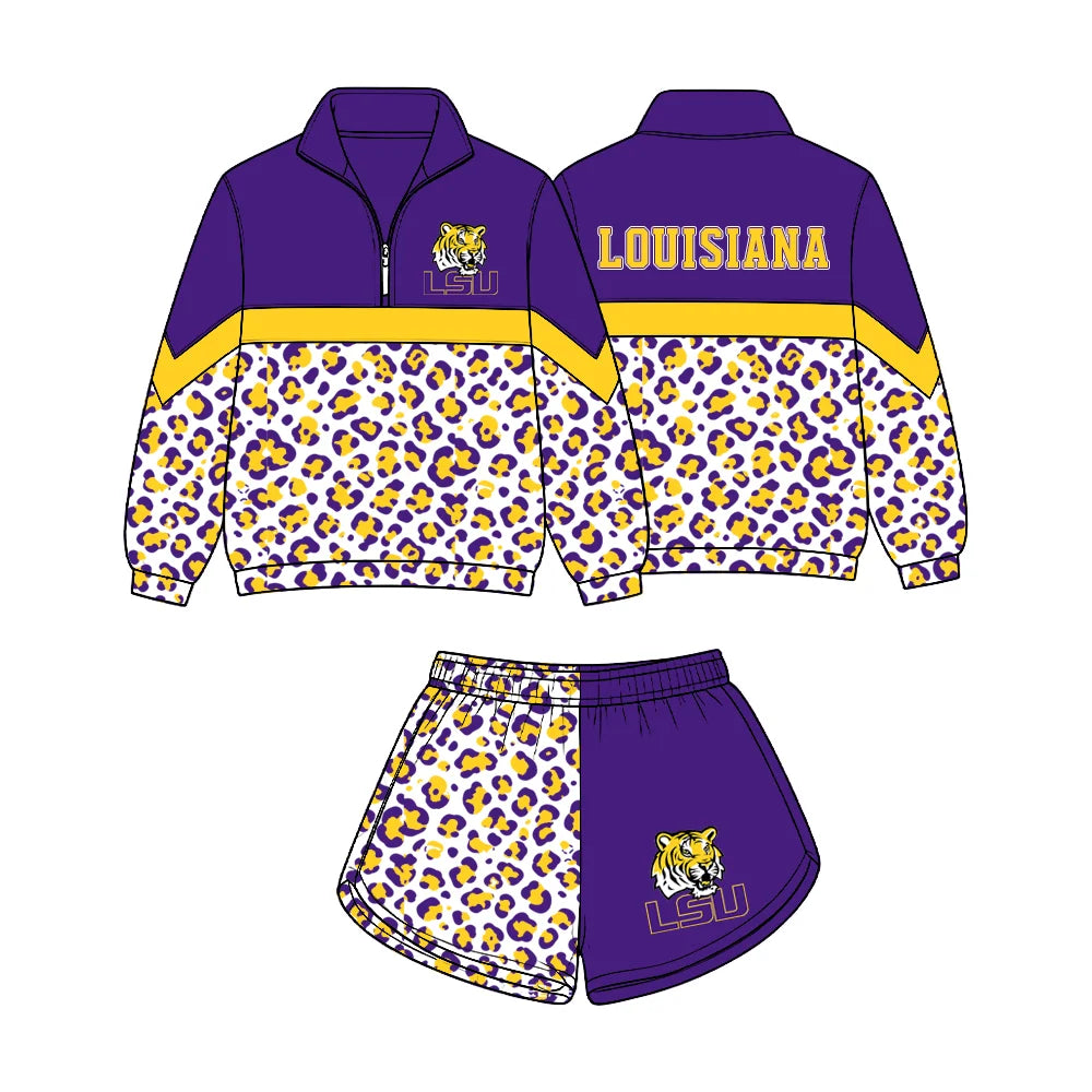 (Custom Design Preorder MOQ 5) Baby Girls Purple Yellow Leopard Louisiana Zip Pullovers Short Team Clothes Set
