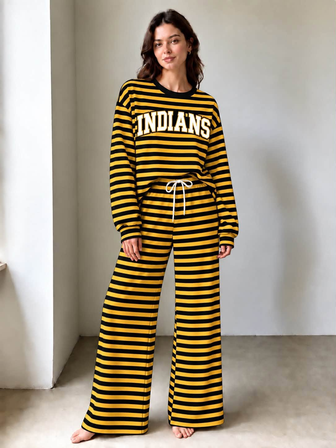 Preorder (5 MOQ) Indians Black Yellow Striped Long Sleeve Top Logo Pockets Pants Girls & Woman Clothes Set