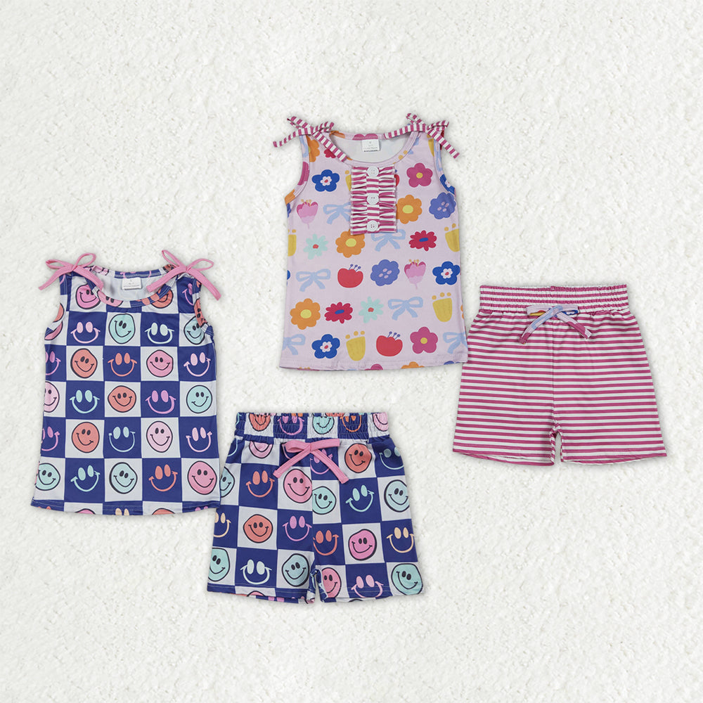 Sibling Baby Girls Sleeveless Colorful Flowers Smiles Top Shorts Clothes Sets