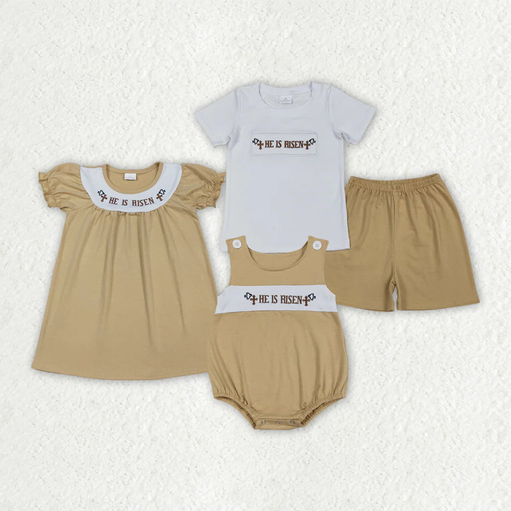 Sibling Baby Boys Girls Embroidery Crosses He is Risen Easter Clothes Sets Knee Length Dress