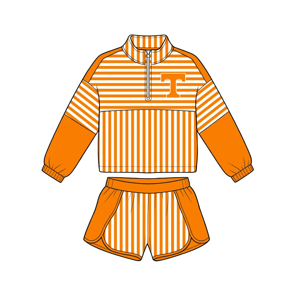 (Custom Design Preorder MOQ 5) Baby Girls Orange Stripe Tennessee Zip Pullovers Short Team Clothes Set