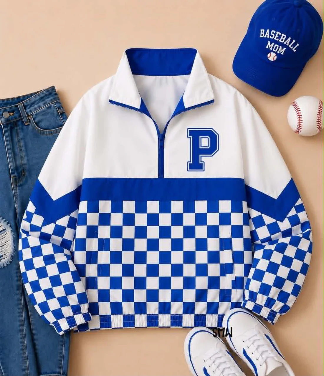 (Custom  Preorder MOQ 5) Baby Boys Long Sleeve Blue Checked P Team Zip Pullovers Tops