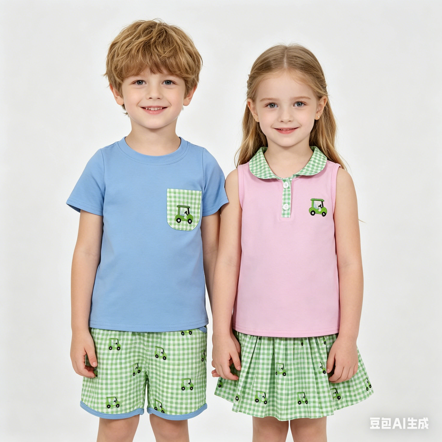 Sibling Baby Boys Girls Embroidery Golf Trucks Top Green Checked Skirt Shorts Clothes Sets