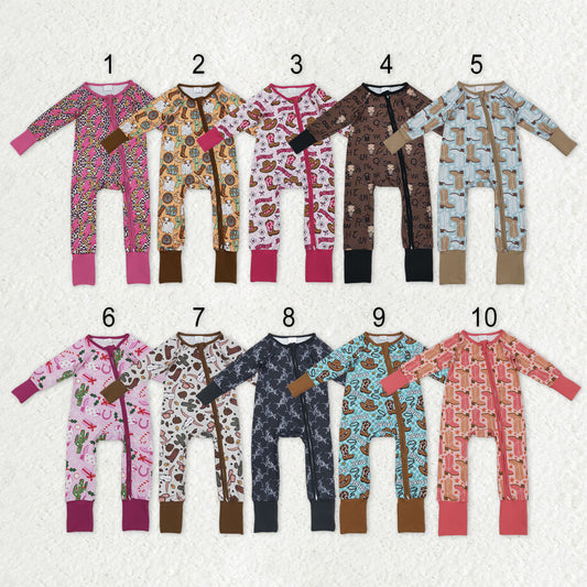 Sibling Baby Kids Hats Boots Horses Cows Western Two Way Zip Convertible Rompers