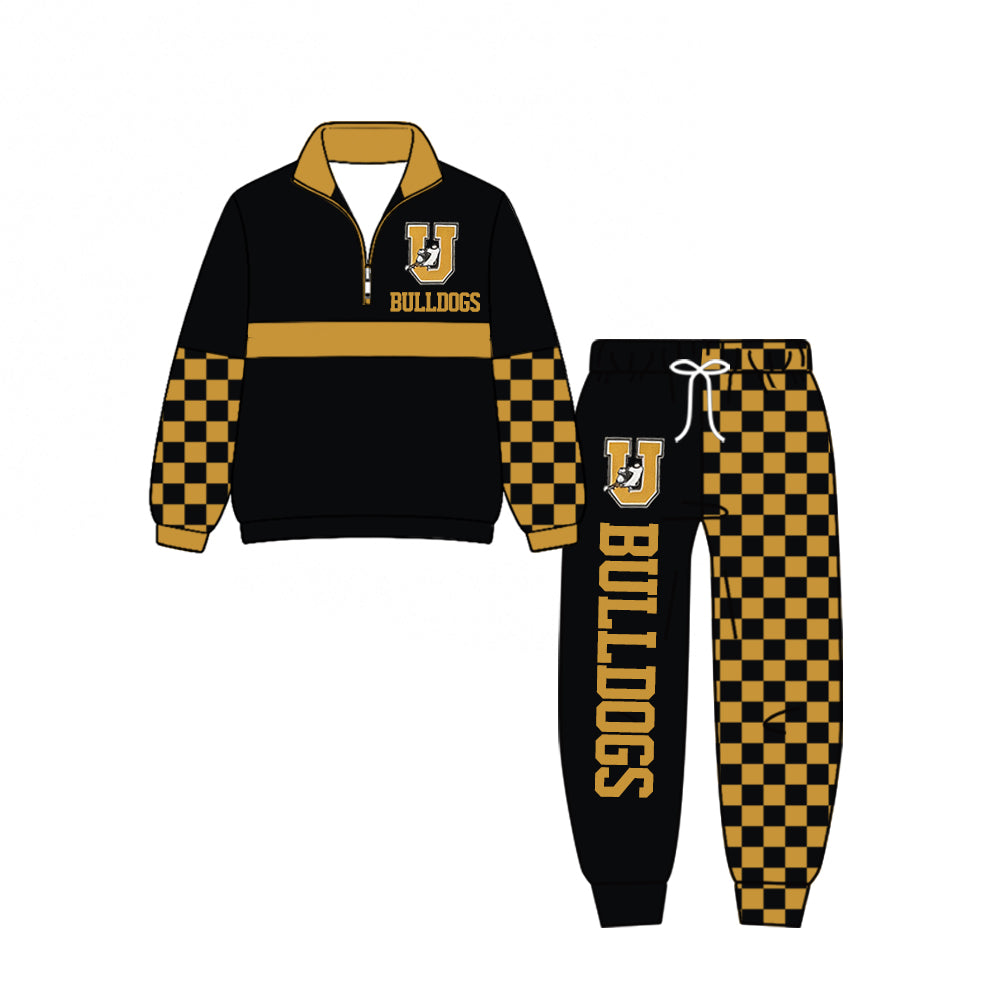 (Custom Design Preorder MOQ 5)  Teams BULLDOGS Print Kids & Adult Long Sleeve Zipper Top Joggers Pants Clothes Set