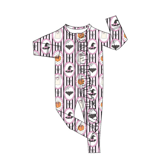 (Custom Design Preorder MOQ 5) Ghost Bows Stripes Print Baby Girls Halloween Zipper Sleeper Romper