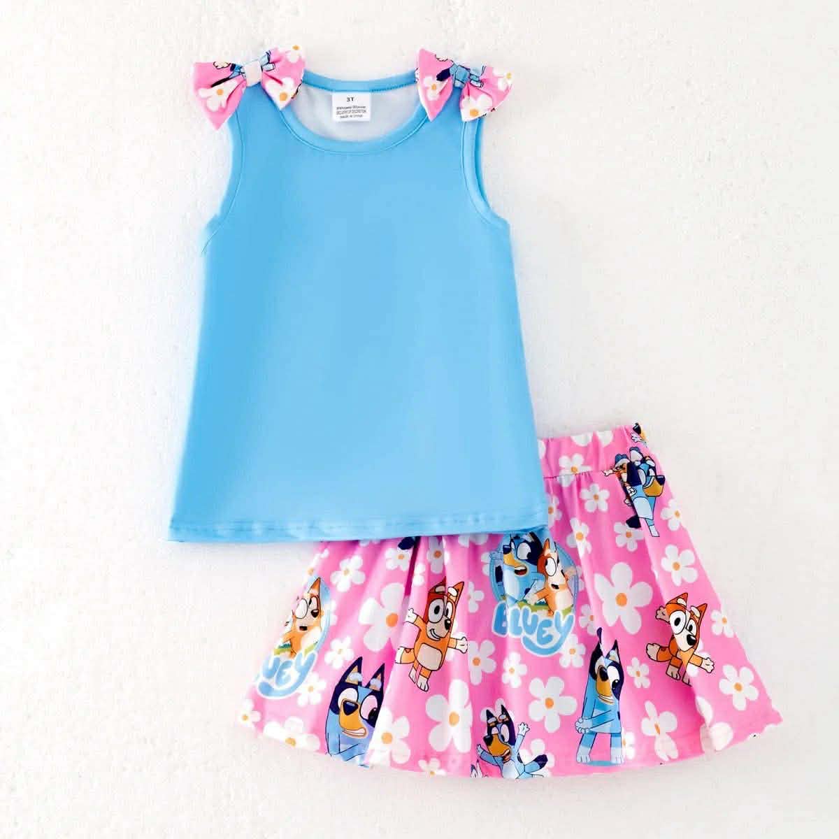 (Custom Design Preorder MOQ 5) Blue Top Cartoon Dog Flowers Skirts Girls Summer Outfits