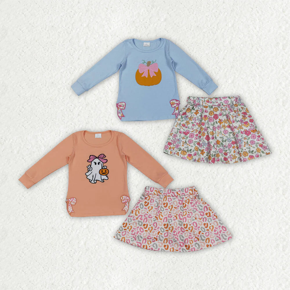 SSibling Embroidery Bows Ghosts Pumpkins Baby Girls Shirts Top Flowers Leopard Skorts Fall Clothes Sets