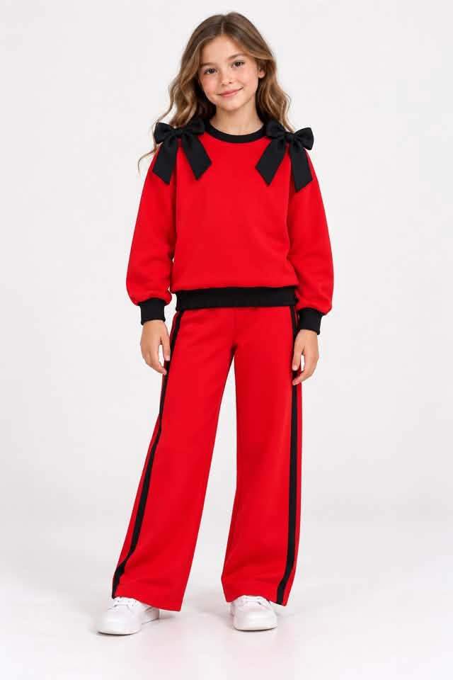 (Custom Design Preorder MOQ 5) Teams Red Cotton Blank Black Bows Top Pockets Pants Girls Clothes Set