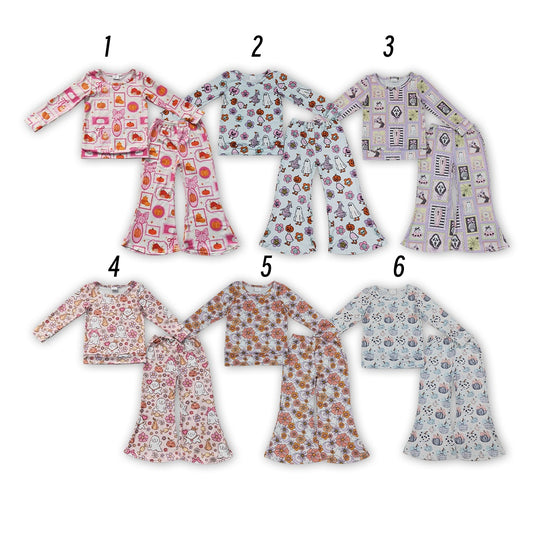 Sibling Baby Girls Halloween Ghost Pumpkin Print Bell Bottom Pants Outfit