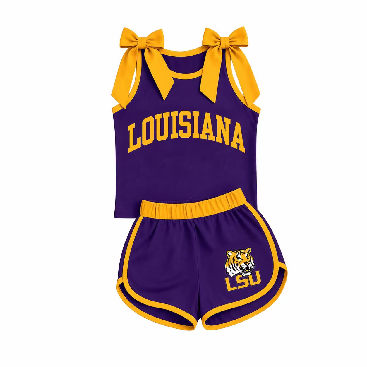 (Custom Design Preorder MOQ 5) Girls Louisiana Yellow Bow Red Strap Tank &  Shorts 2 Piece Outfit