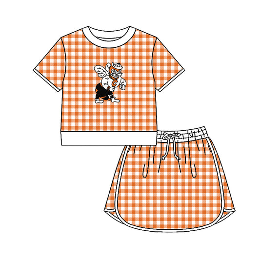 (Custom Design Preorder MOQ 5) Teams Caldwell Hornet  Top Orange Checkerd Skort Girls Summer Yoga Clothes Set