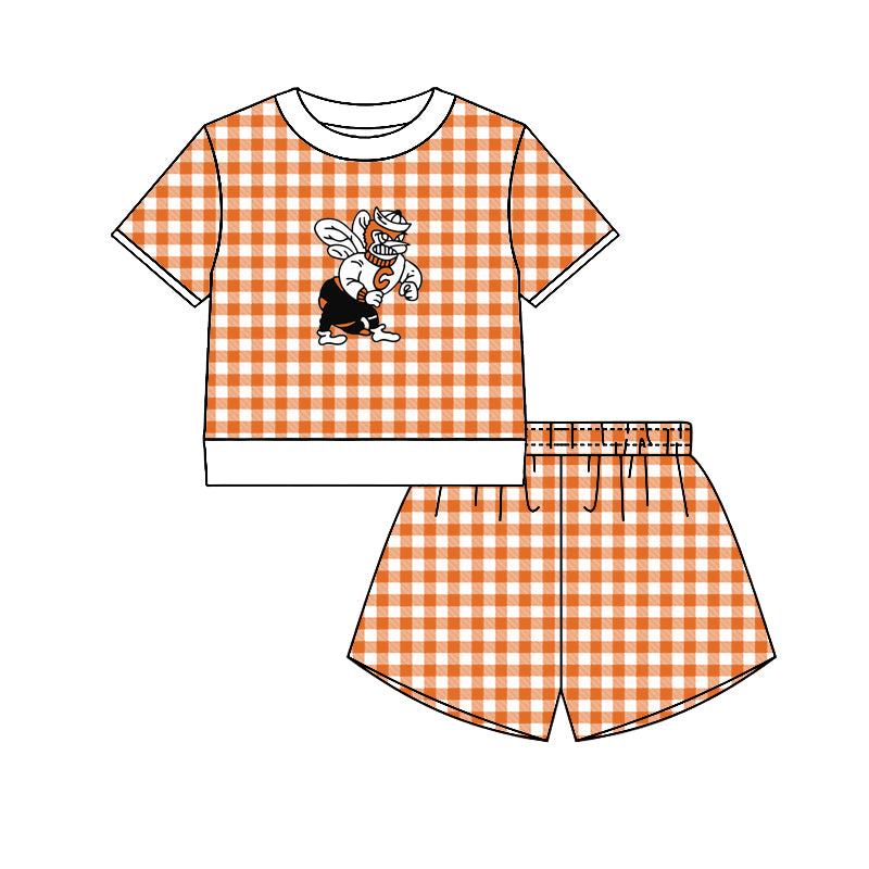 (Custom Design Preorder MOQ 5) Teams Caldwell Hornet  Top Orange Checkerd Shorts Mommy and Me Summer Yoga Clothes Set