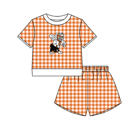 (Custom Design Preorder MOQ 5) Teams Caldwell Hornet  Top Orange Checkerd Shorts Mommy and Me Summer Yoga Clothes Set