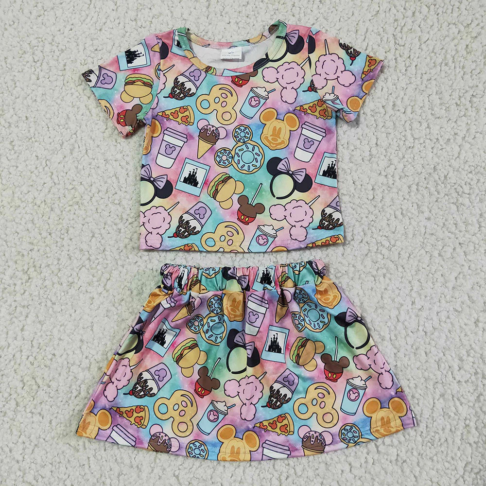 Sibling Baby Girls Cartoon Short Sleeve Top with Skirt Outfit