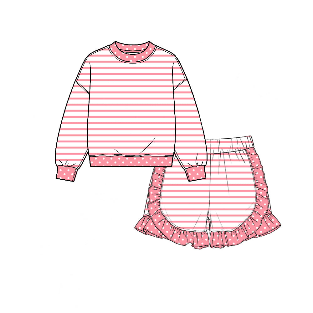 (Custom Design Preorder MOQ 5 Each) Stripes Long Sleeve Top Ruffle Shorts Girls Clothes Set Sisters Wear