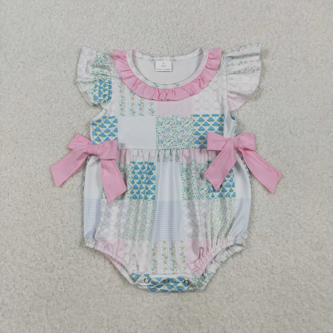 Baby Girls Bows Flowers Checked Bows Flutter Sleeve Ruffle Rompers