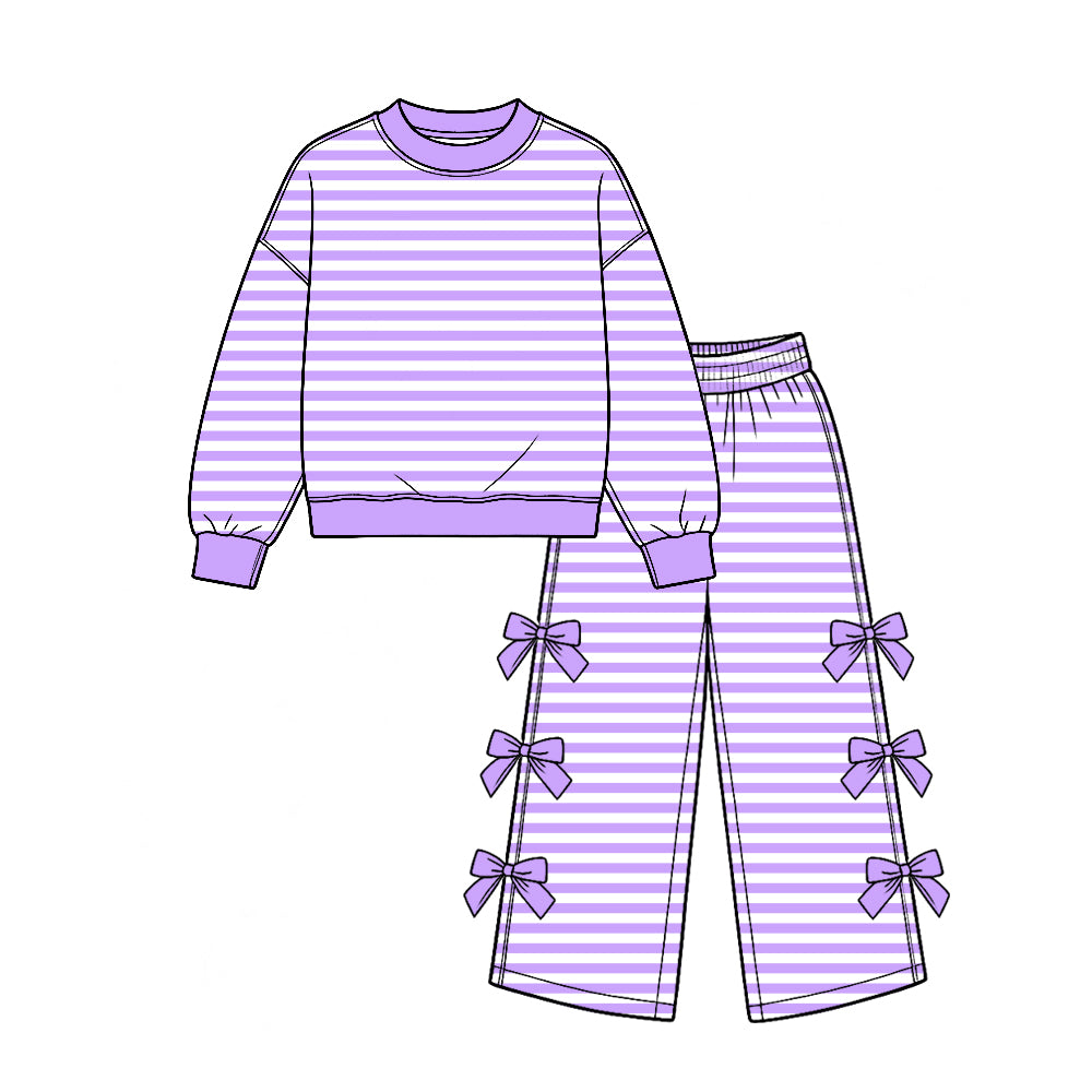 (Custom Design Preorder MOQ 5 Each) Stripes Print Long Sleeve Top Wide Leg Pants with Side Bows Girls Clothes Set Sisters Wear