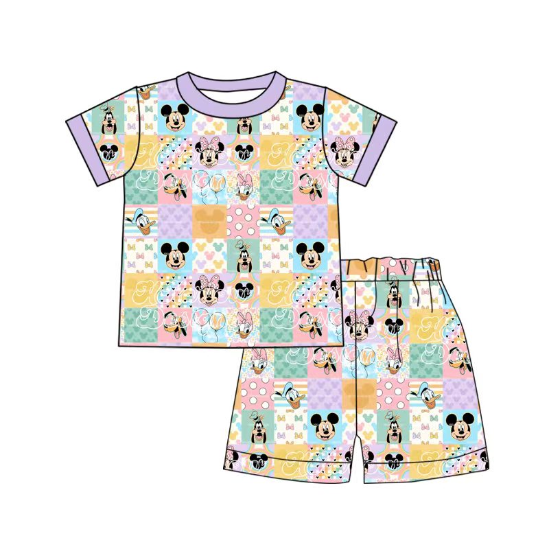 (Custom Design Preorder MOQ 5) Colorful Plaid Cartoon Mouse Print Girls Summer Outfits