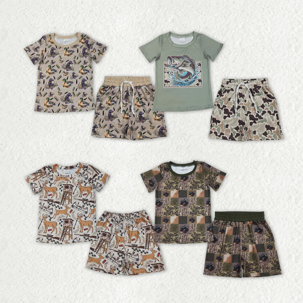Sibling Baby Boys Deer Ducks Camo Top Pockets Short Hunting Pajamas Clothes Sets