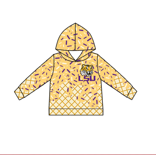 (Custom Design Preorder MOQ 5) Baby Boys Yellow Drip Sprinkles LSU Tiger Team Hoodies Top
