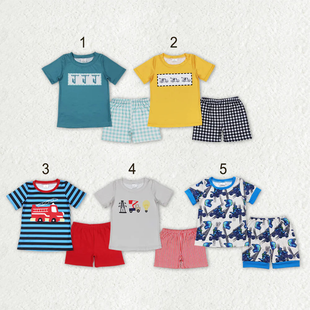 Sibling Baby Boys Linemen Cars Shirt Top Short Summer Clothes Sets