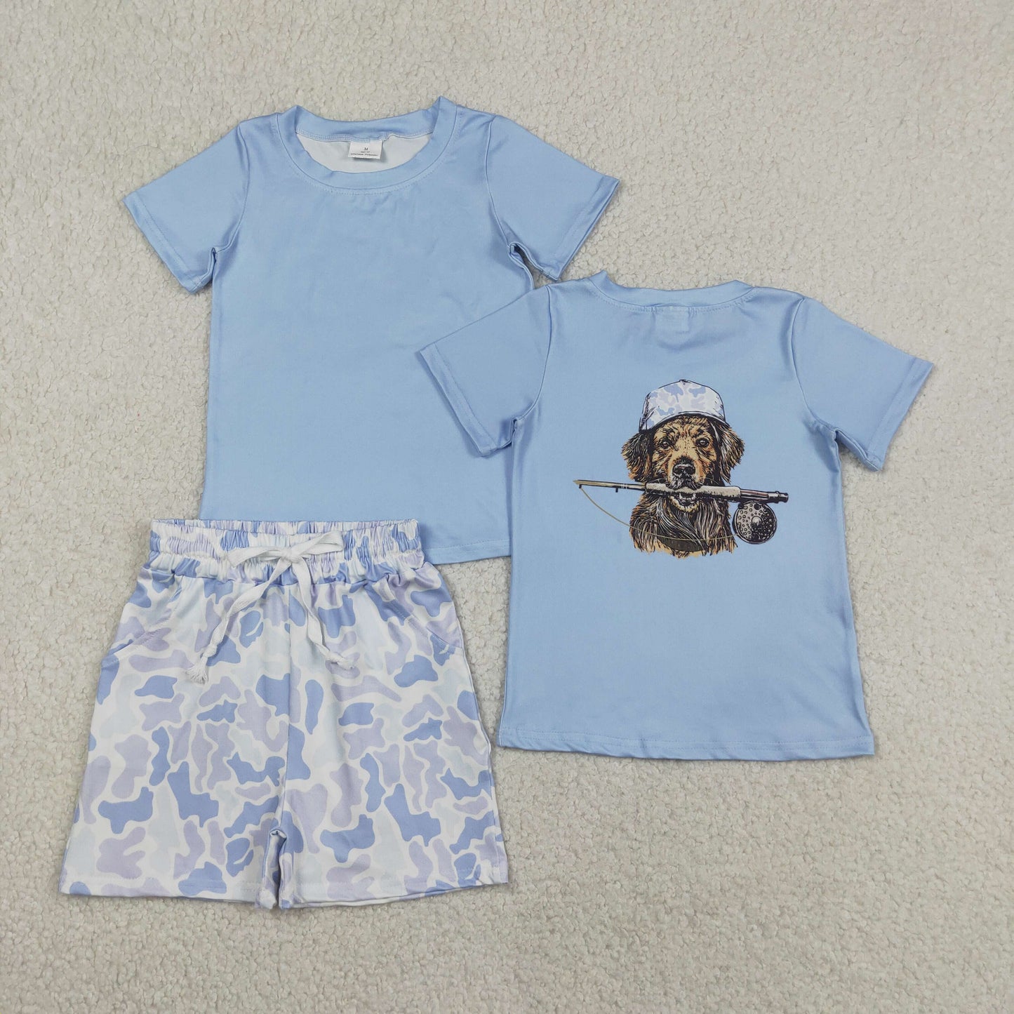 Sibling Baby Boys Hunting Dog Blue Short Sleeve Top with Camo Shorts Outfit