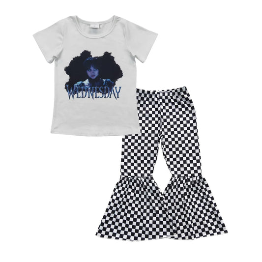 GSPO0683 Baby Girl Black Movie Check Bell Bottpm Pants Set