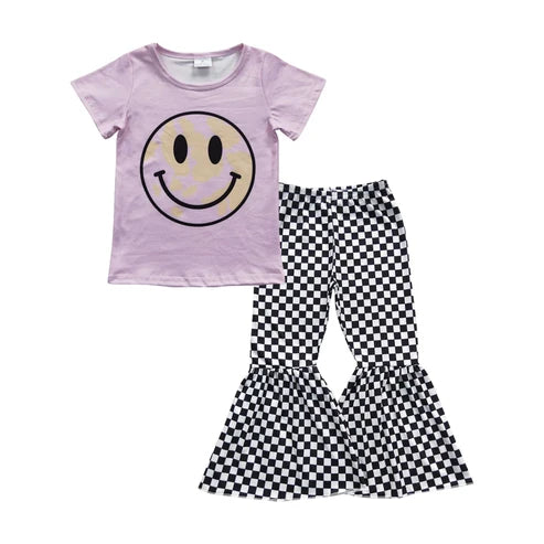 Baby Girls Smile Pink Short Sleeve Top Checked Bell Bottom Pants Outfit