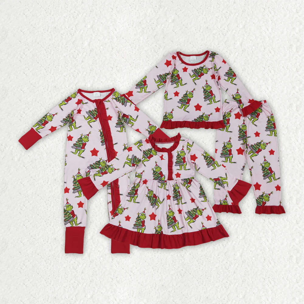 Sibling Baby Girls Christmas Green Face Stars Pajamas Set Zipper Footie Romper Knee Length Dresses