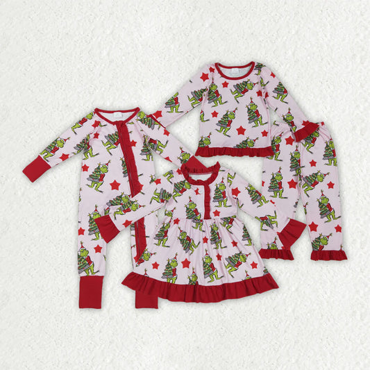 Sibling Baby Girls Christmas Green Face Stars Pajamas Set Zipper Footie Romper Knee Length Dresses