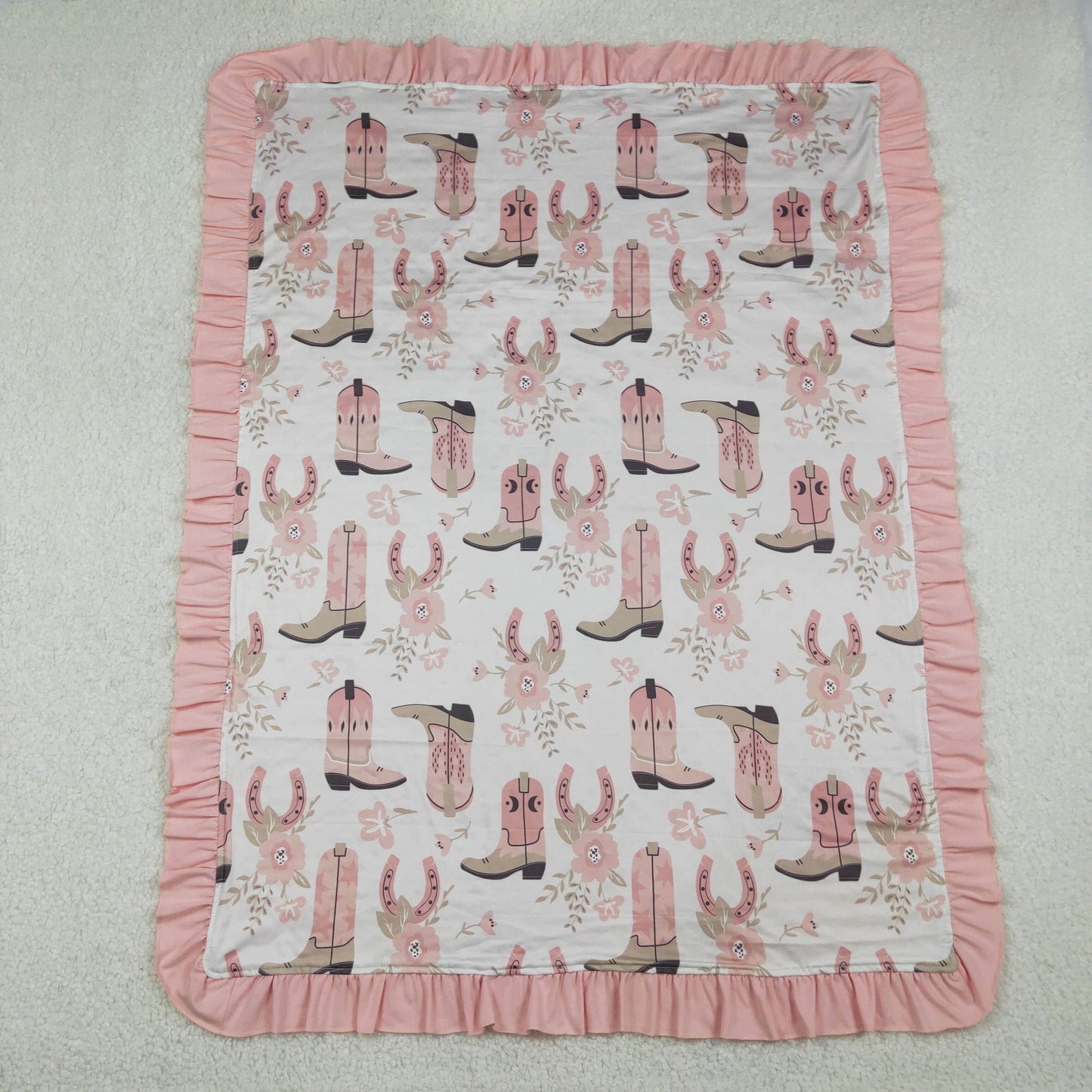Sibling Baby Girls Pink Boots Flowers Western Footie Rompers Blanket