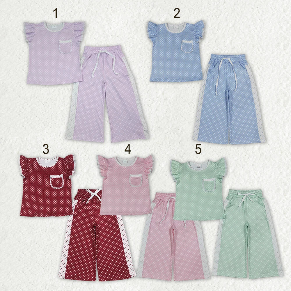 5 Colors Polka Dot Flutter Sleeve Top Straight Pockets Pants Girls Clothes Set Sisters Wear