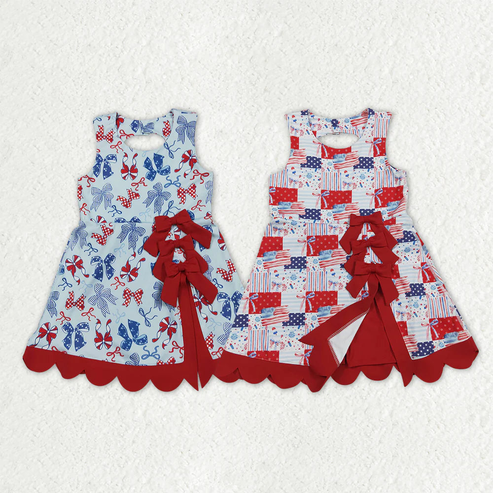 Sibling Baby Girls Bows Flags 4th of July Yoga Active Scallop Short Knee Length Dresses