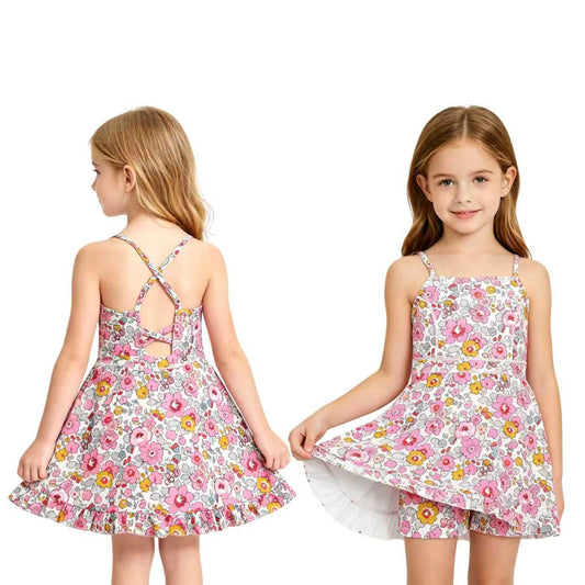 GSD2278 Pink Flowers Baby Girls Strap Backless Ruffle Active Dress
