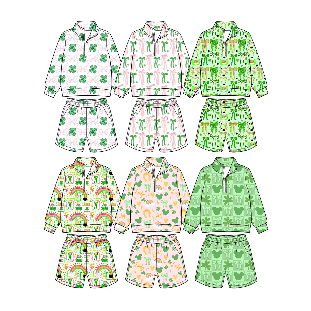 (Custom Design Preorder MOQ 5 Each) Rainbow Bows Print Long Sleeve Zipper Top Shorts Girls St Patrick Day Clothes Set Sisters Wear