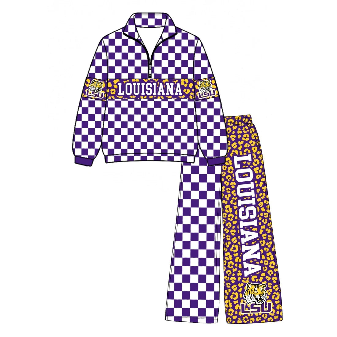 (Custom Design Preorder MOQ 5) Baby Boys Purple Checked Leopard Louisiana Zip Pullover Pockets Pants Team Clothes Sets