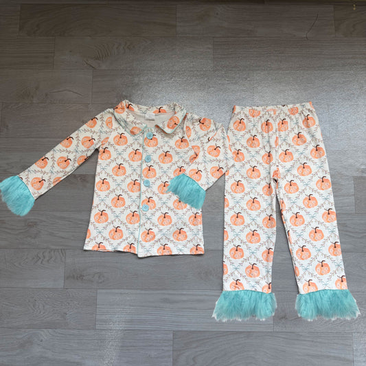 4.23 Kids Girls Mint Green Pumpkin Pajama Set With Feather Preorder