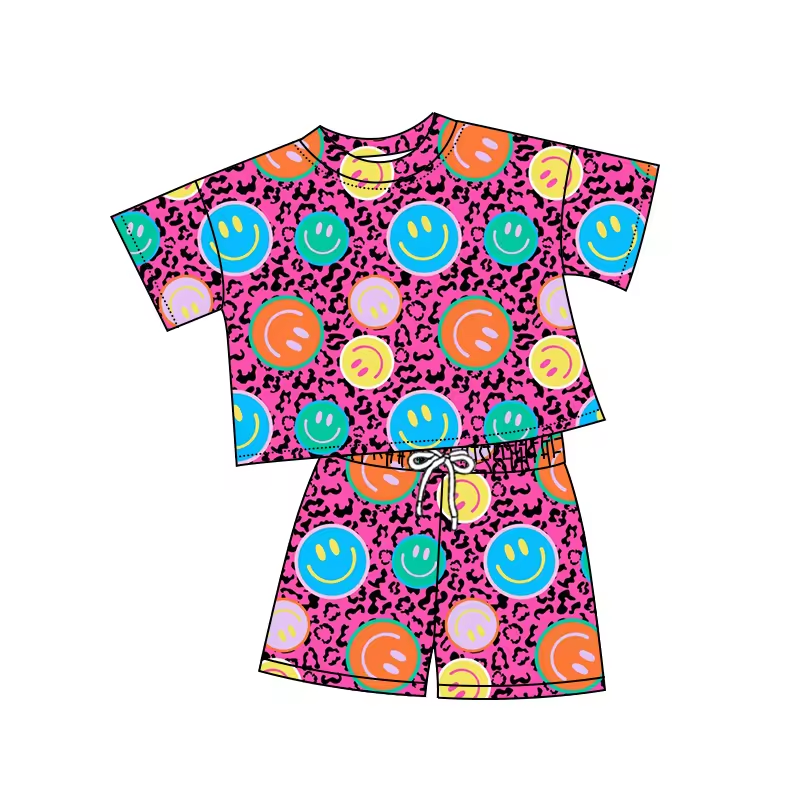 (Custom Design Preorder MOQ 5) Colorful Smiling Leopard Print Girls Summer Clothes Set