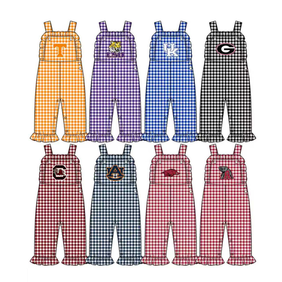 (Custom Design Preorder MOQ 5) Teams Logo Checkered Print Baby Girls Strap Jumpsuits Sisters Overall Styles