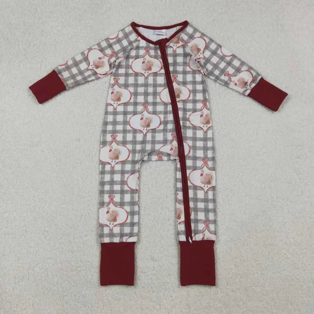 Sibling Baby Girls Turkey Checked Pants Thanksgiving Pajamas Sets Zipper Footie Rompers