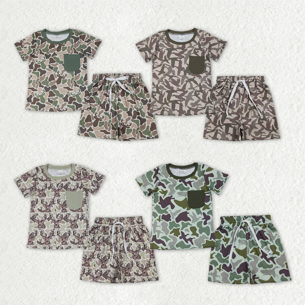 Sibling Baby Boys Short Sleeve Deer Ducks Camo Pockets Top Short Hunting Clothes Sets