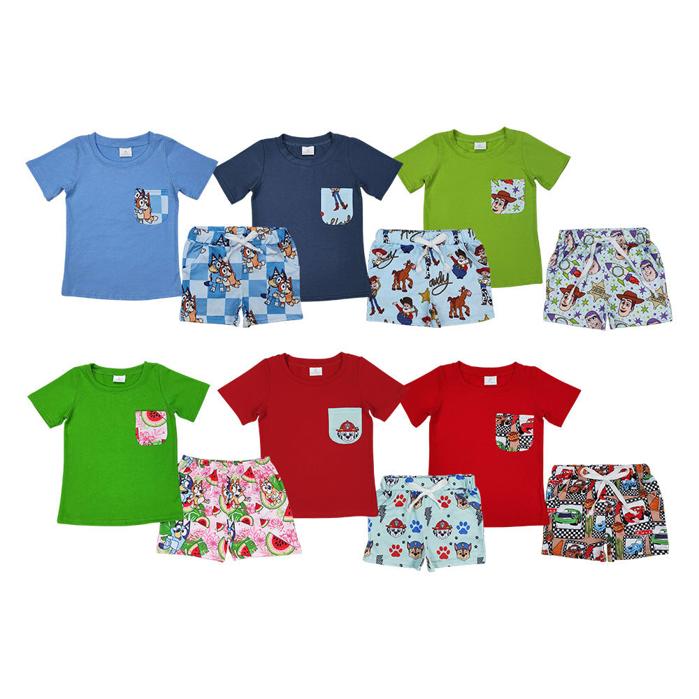 Sibling Baby Boys Summer Cartoon Short Sleeve Pocket T-shirt Top with Shorts Outfit